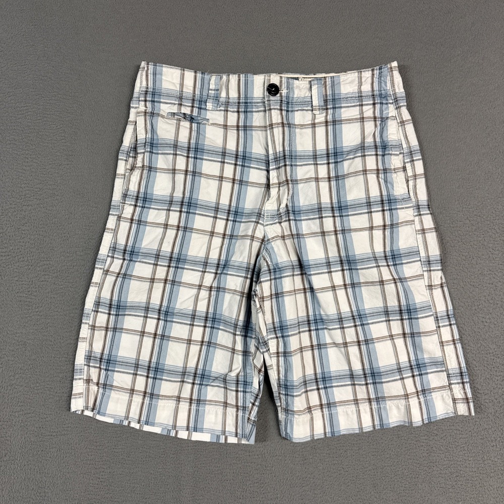 American Eagle Shorts Mens 32 White Blue Plaid Longer Length Cotton Vintage Y2K